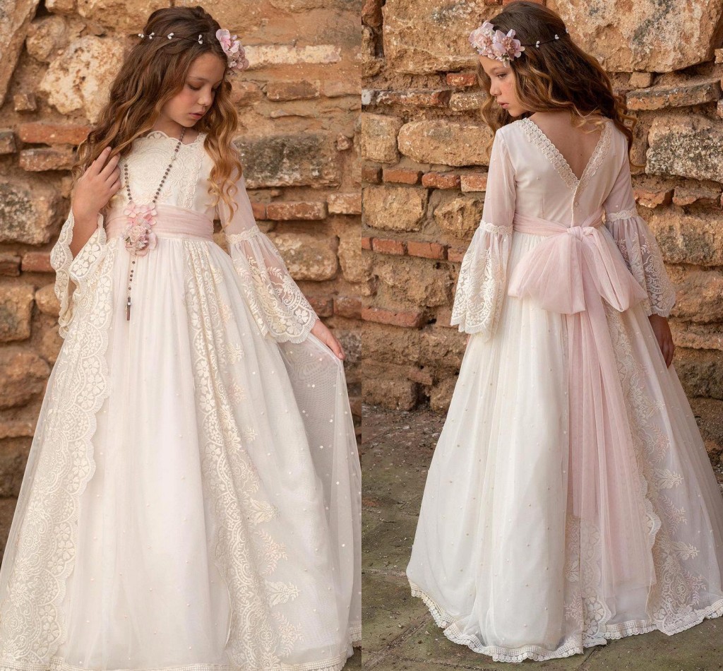 Vintage Sleeve Bohemain Wer Girl Dresses A E Appliques With Sash Long Kids Formal Ocn Birthday First Communion Pageant Gowns Bc18610 0218