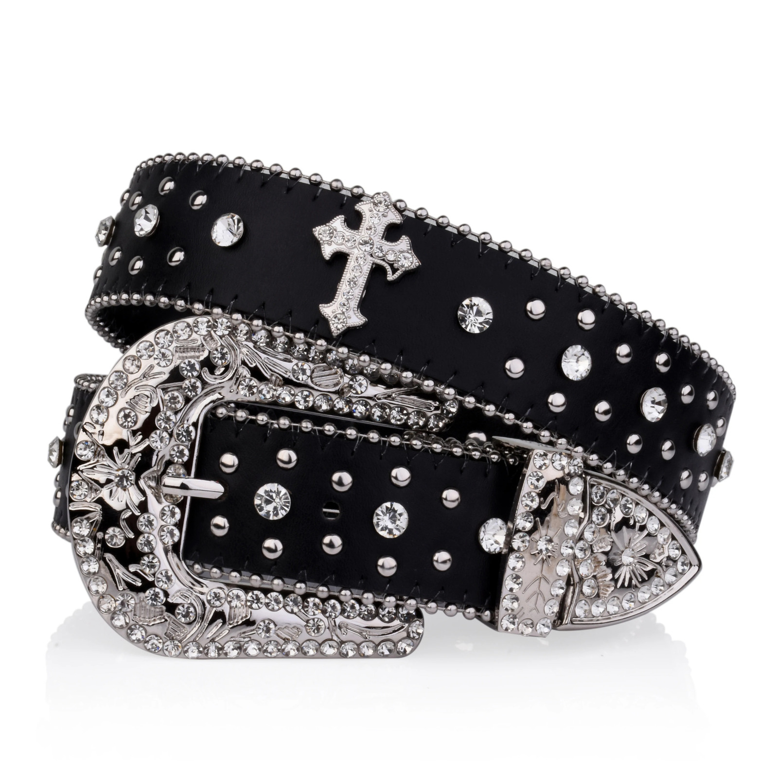 Black Cross Rivet Belt Engraved Buckle Rhinestone Decor PU Belt Hip Hop Jeans Pants Belt Punk Western Cowboy Cowgirl Belts 246 240522
