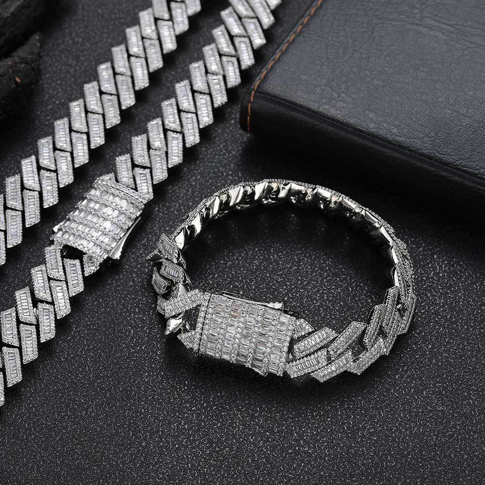 18mm Hip Hop T Zircon Rhombus Cuban Chain Necklace Bracelets Platinum Plating Jewelry Set