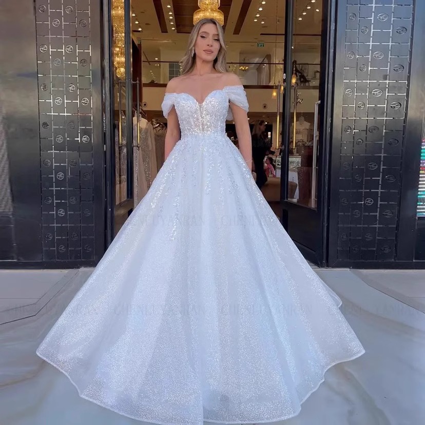 Shinny A-line Wedding Dresses 2024 Women Off the Shoulder Sweetheart Beads Sequins Bridal Bride Gowns New Arrival Vestido De Novia
