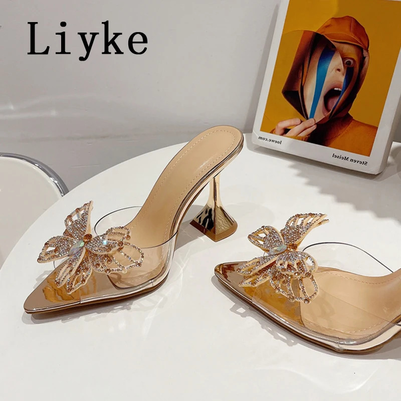 Liyke PVC womens slippers fashionable rhie bow summer sandals dot toe transparent high New heels party ball shoes 240517