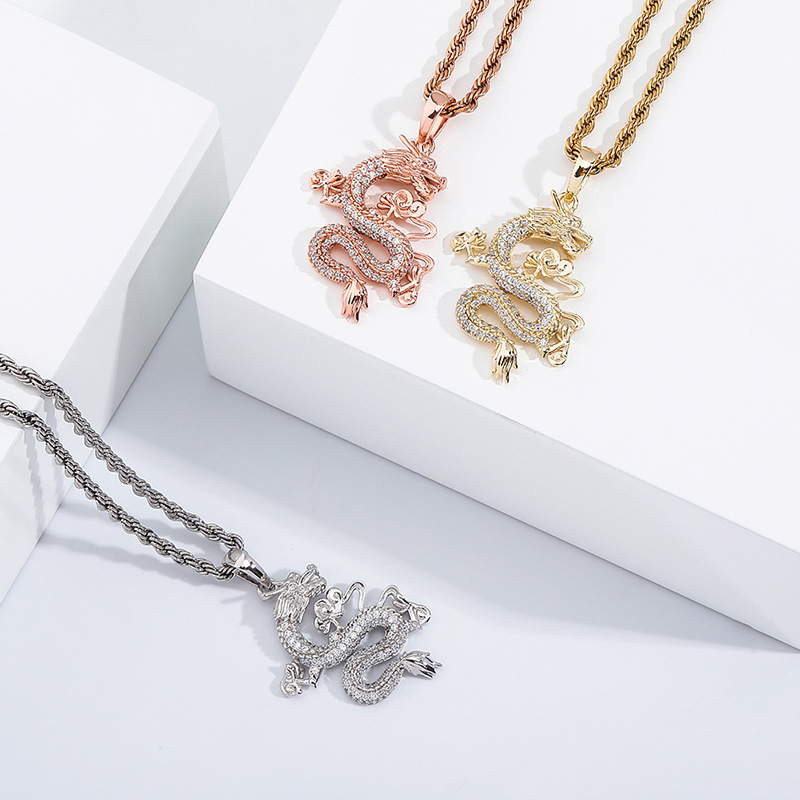 Hip Hop Chinese Dragon Pendant Necklace 14K Real Gold Plated TopBling White Zircon Men Women Jewelry