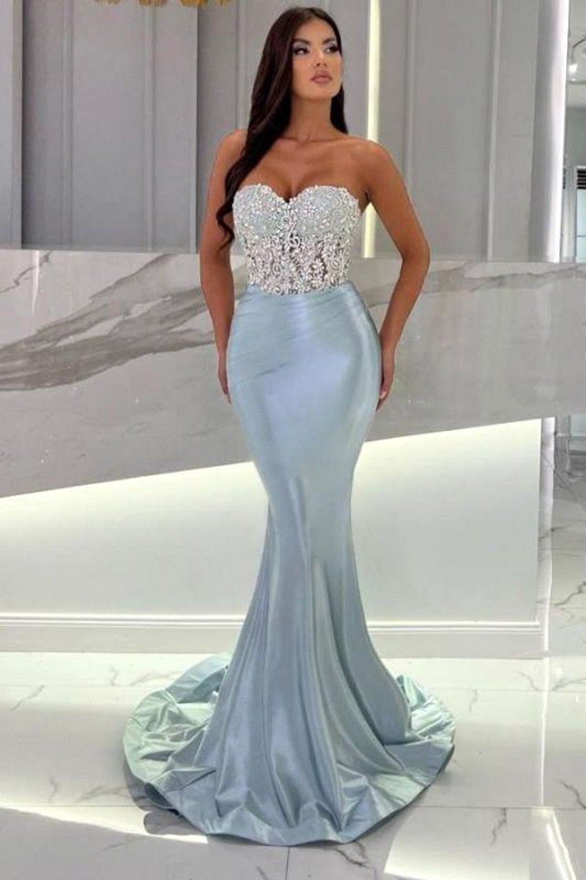 Gorgeous Light Sky Blue Black Mermaid Evening Dresses Sexy Sweetheart Appliques Beads Women Occasion Party Vestidos Prom Gowns Arabic BC18757