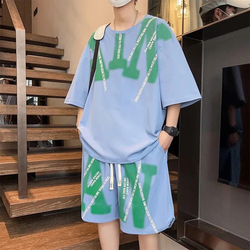 Casual Summer Mens Two Piece Sets Korean Fashion Short Sleeve TShirt Shorts Tracksuits Sport Streetwear Outfit 240518