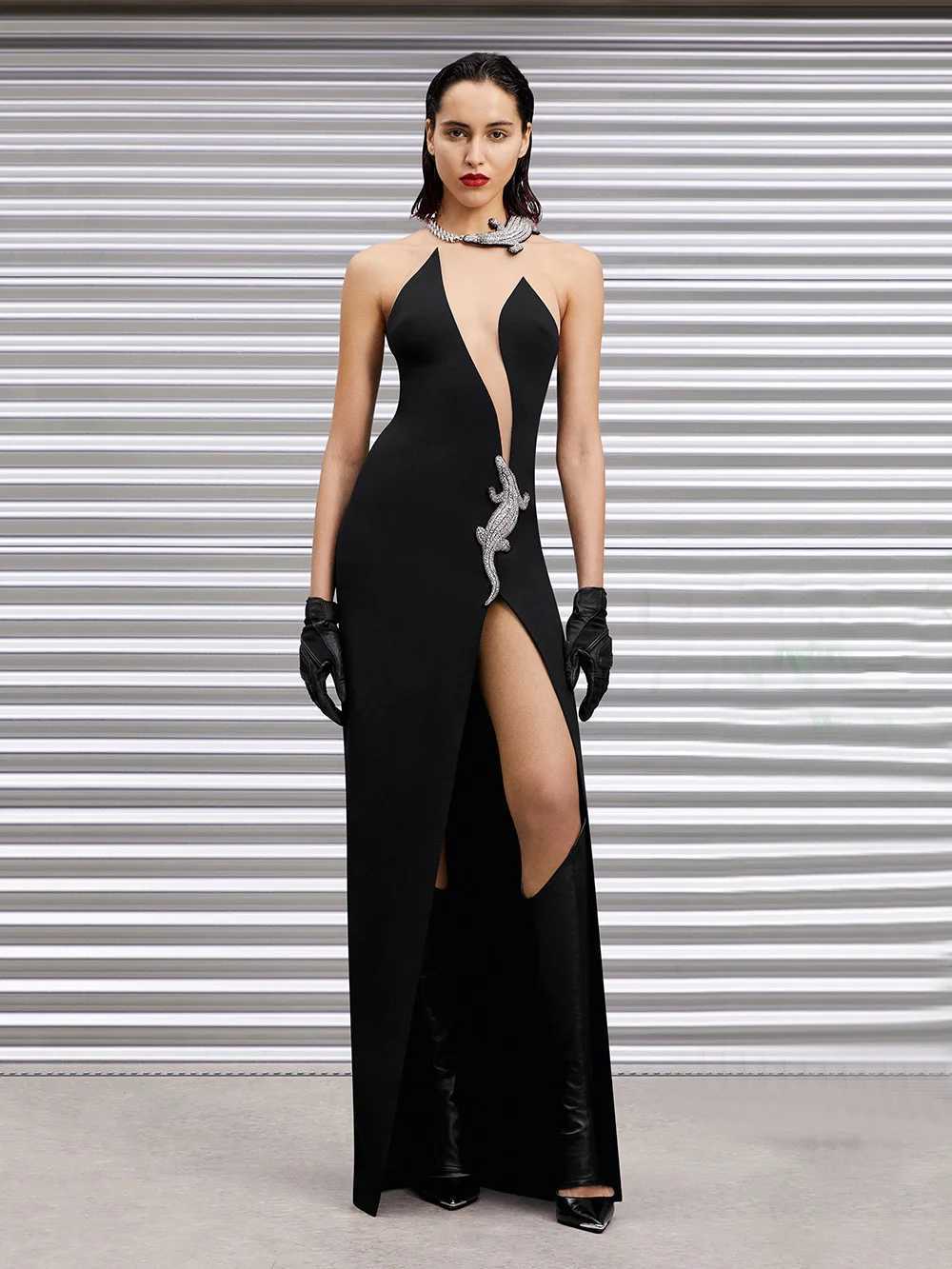Basic Casual Dresses 2023 New Womens Summer Sexy Sleeveless Backless Mesh Diamond Crocodile Shining Black Body Bandage Elegant Gala Club Party Dress J