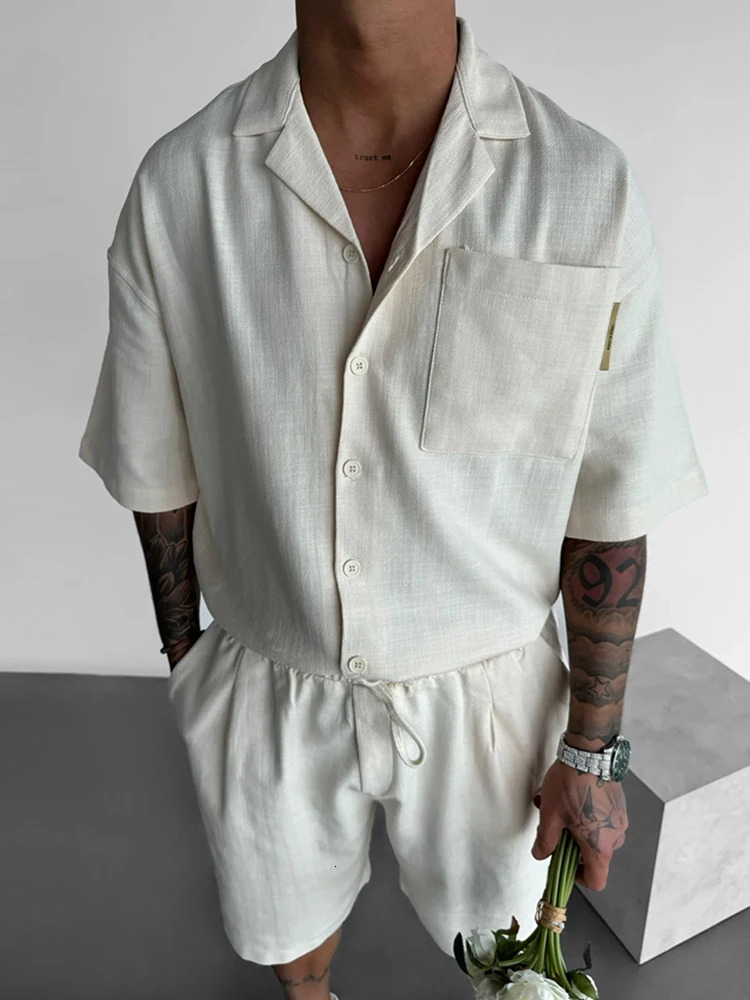 Casual Solid Color Short Sleeve Buttonup Shirts Mens Shorts Two Piece Suits Summer Beach Leisure Loose Outfits Men Fashion Sets 240518