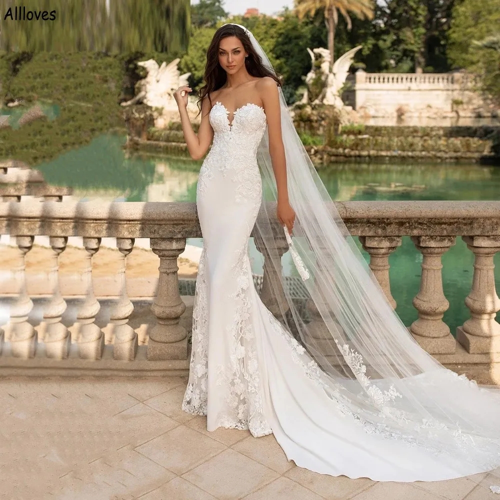 Wedding Mermaid Lace Appliqued Dresses for Bride Simple Satin Boho Garden Beach Bridal Gowns Sexy Sweetheart Backless Buttons Reception Robes De Marie