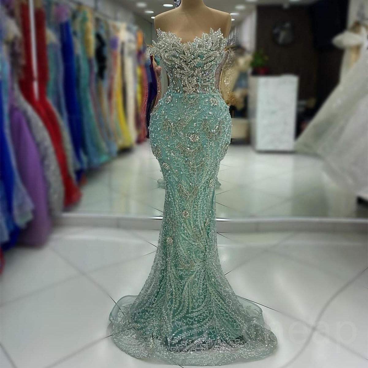 2024 Aso Ebi Sage Mermaid Prom Dress Beaded Crystals Luxurious Evening Formal Party Second Reception 50th Birthday Engagement Thanksgiving Gowns Dress