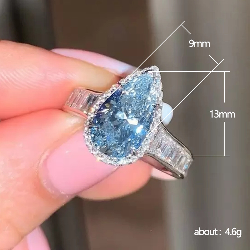 Drop Blue Water Cubic Zircon Ring Charm Designer Sier Gold Crystal Iced Out Love Heart Dia Finger Tail Rings for Woman Engagement Wed Gift Fine Jewelr