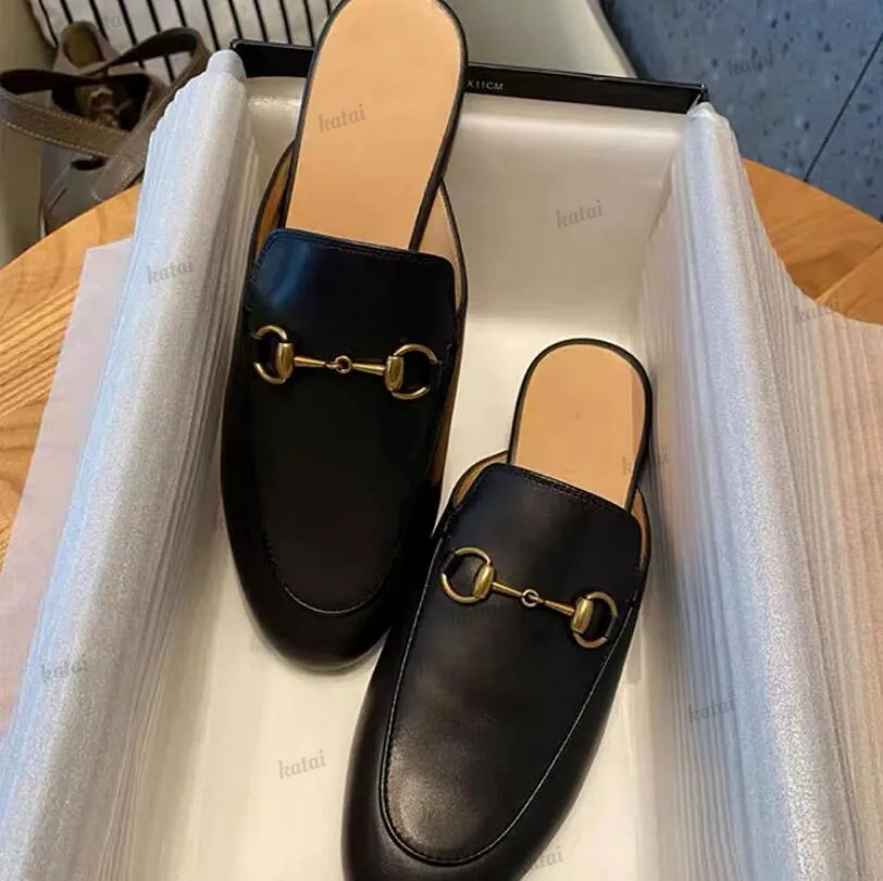 Designer Women Slippers Summer Princetown Mules Slides Genuine Leather Flat Loafer
