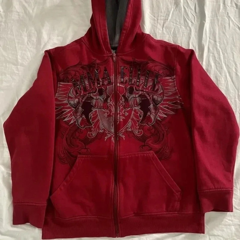 American Street Vintage Y2K MMA Elite Zip Up Hoodie Size Small Skull Wing Graphic Men Harajuku Fashion Joker Sweatshirt 240508