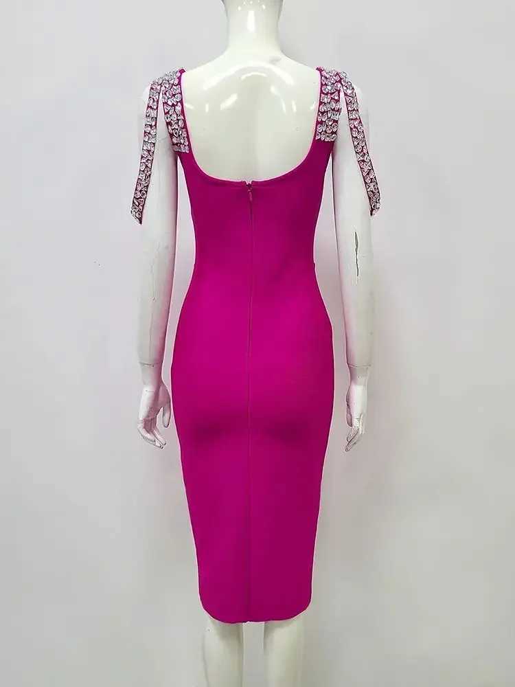 Basic Casual Dresses Sexy Womens Spaghetti Shoulder Strap Square Neck Diamond Bandage Midi Dress Body Celebrity Club Party Evening Dress Vestidos J240