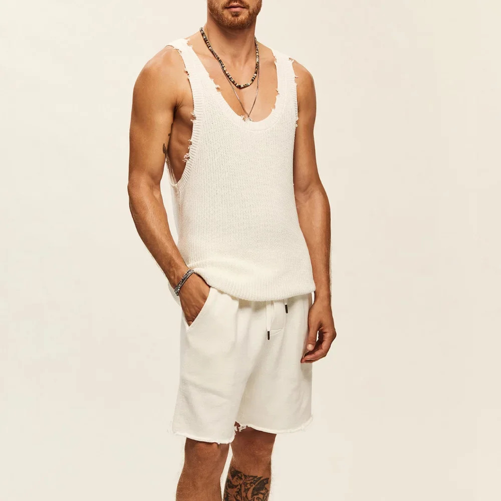 Mens Suit Twopiece Sets Knitted Sleeveless Tank Top Shorts Casual Sports Fashion Streetwear Tracksuit 240518