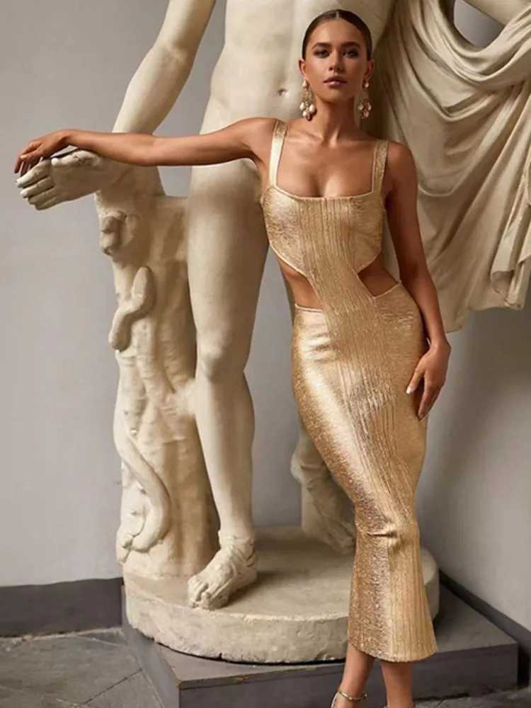 Basic Casual Dresses Womens Summer Sexy Backless Hollow Midi Gold Tight Bandage Dress 2023 Elegant Nightclub Party Dress J240523