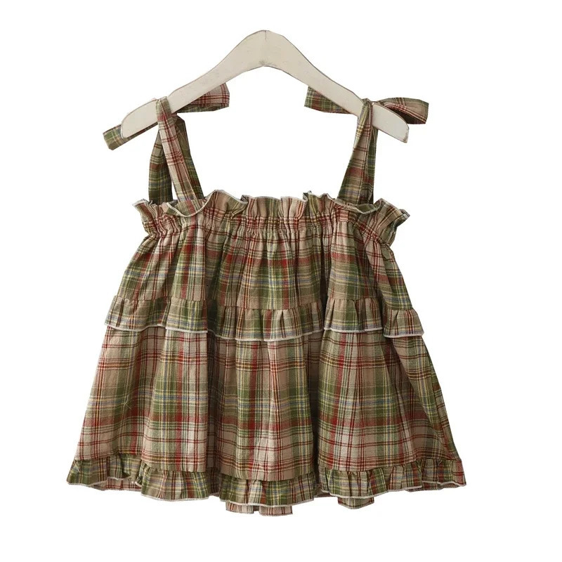 Girly Y2k Crop Top Homemade Summer Japan Style Vintage Sweet Spicy Fungus Edge Lace Up Green Plaid Strap Tank Top for Women 240523