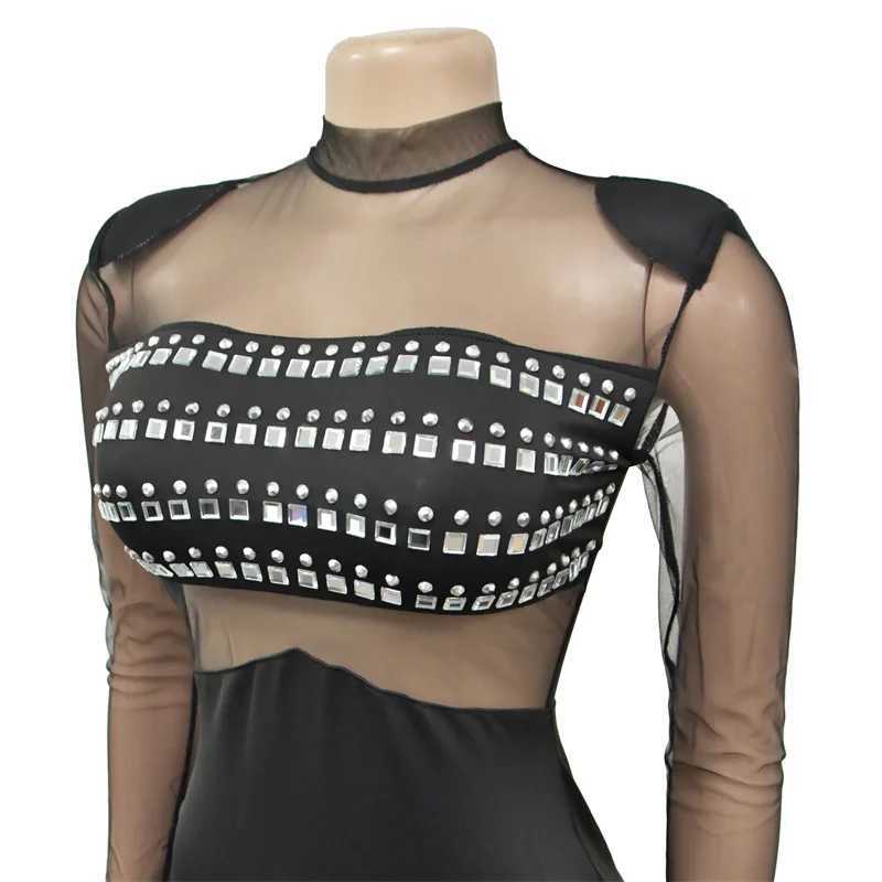 Basic Casual Dresses Sexy See Through Mesh Patchwork Party Evening Dress Elegant Night Club Birthday Diamond Water Diamond Formal Ball Dress J240523