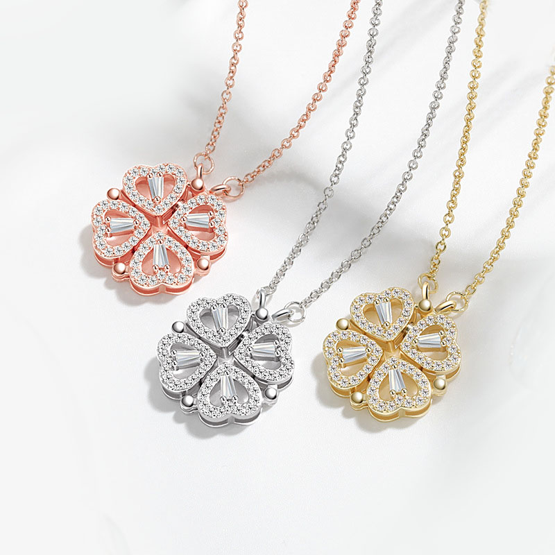 Luxury Clover Pendent Necklace 18K Real Gold Plated Opeanable Four Heart Pendent Austrian Crystal Necklace for Women Creative 2 Wearing Ways Wedding J