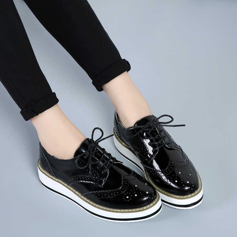 Brand Women Platform Flats Woman Brogue Derby Leather Lace Up Classic Bullock Footwear Female Oxford Shoes Lady Zapatos De Mujer Y0907