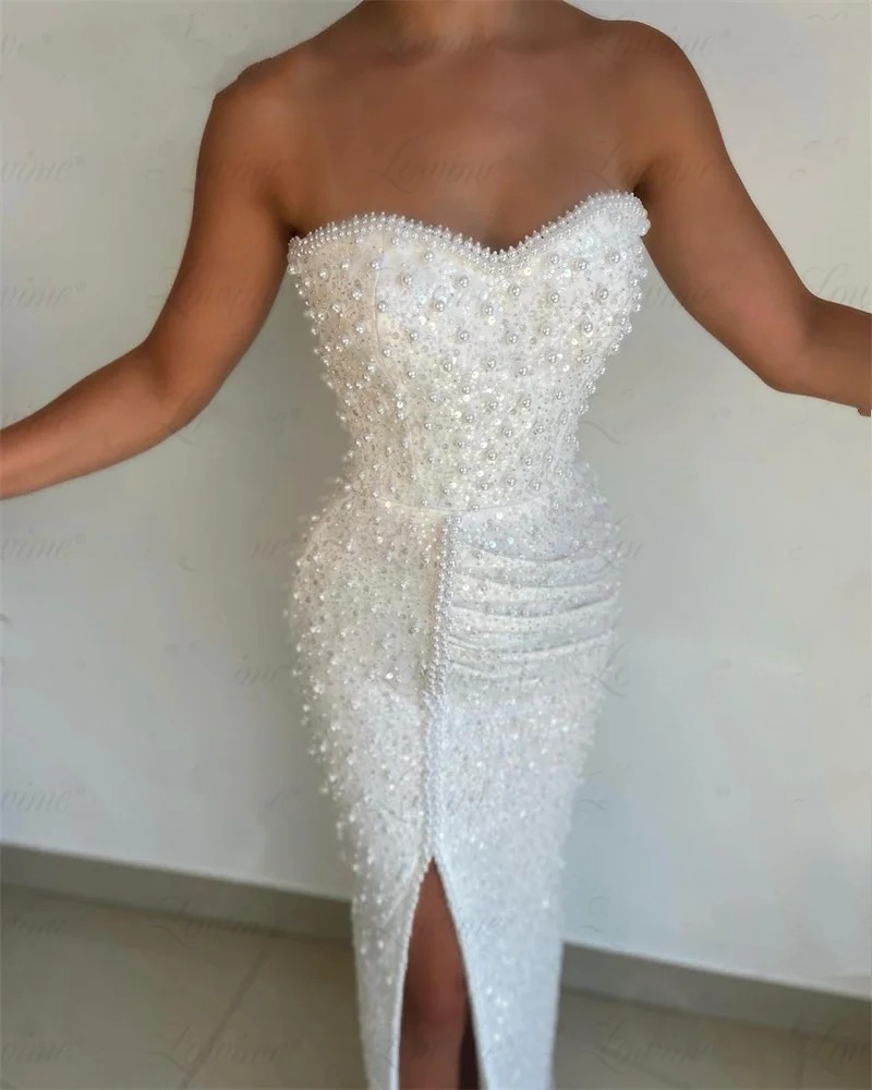 White Sheath Prom Formal Dresses 2025 Heavy Beaded Pealrs or Length Silt Evening Birthday Dress Party Gowns Robe De Soriee Customed