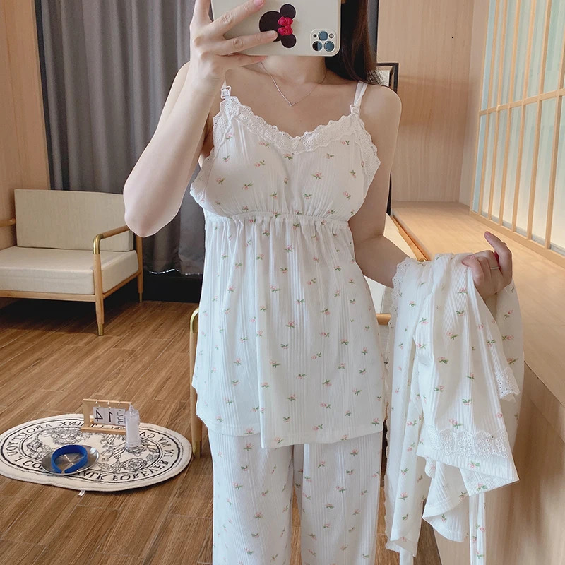 3pcs Lace Cotton Maternity Nursing Sleepwear Sets Breast Feeding Pajamas for Pregnant Women Pregnancy Lacation Home Hospital 240523