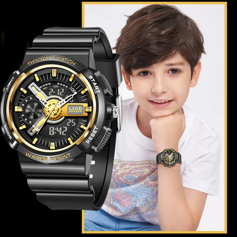 LIGE Military Kids Sport Watches 50M Waterproof Electronic Wristwatch Stop Watch Clock Children Digital Watch For Boys GirlsBox 240517