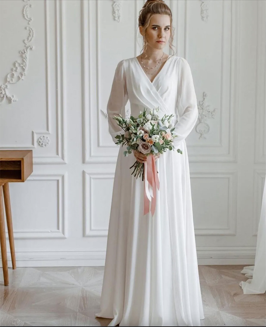 Simple A Line Chiffon Wedding Dress White Ivory Bridal Gowns V Neck Long Sleeves Floor Length With Sash Lady Summer Beach Marriage Dresses