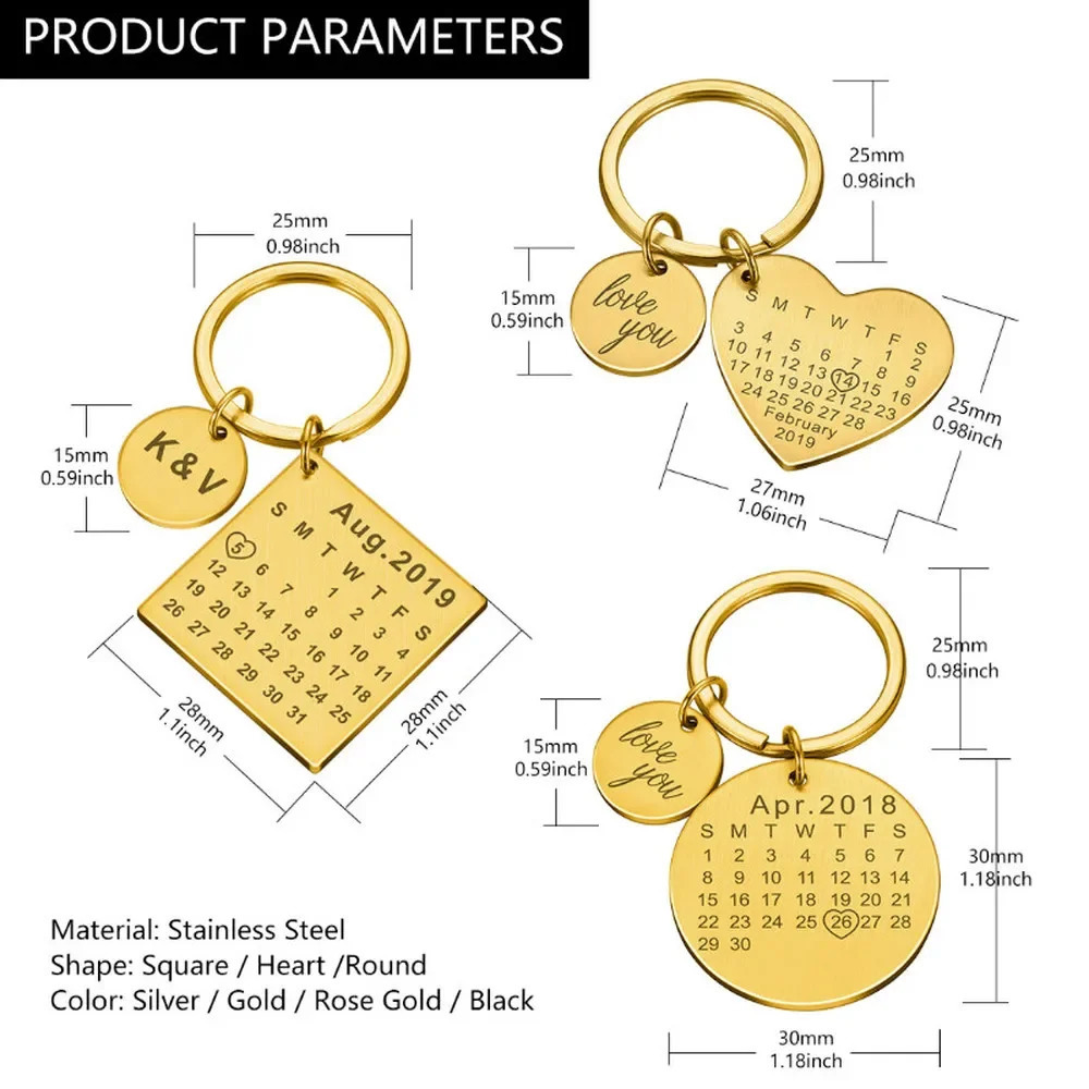 Personalized Custom Key Chain Engraved Calendar Date Stainless Steel Wedding Anniversary Gift with Box for Boyfriend Husband 240516