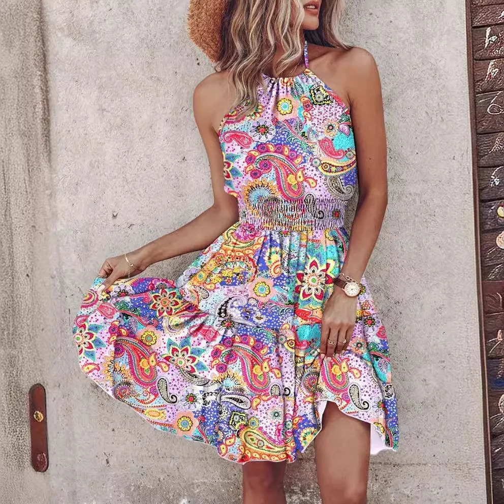 Summer Floral Print Mini Dress Women Sexy Halter Dresses For Women Casual Sleeveless Beach Holiday Dress Boho jurken dames 240514