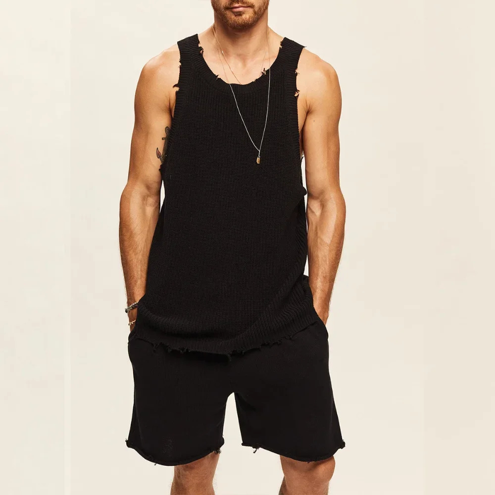 Mens Suit Twopiece Sets Knitted Sleeveless Tank Top Shorts Casual Sports Fashion Streetwear Tracksuit 240518