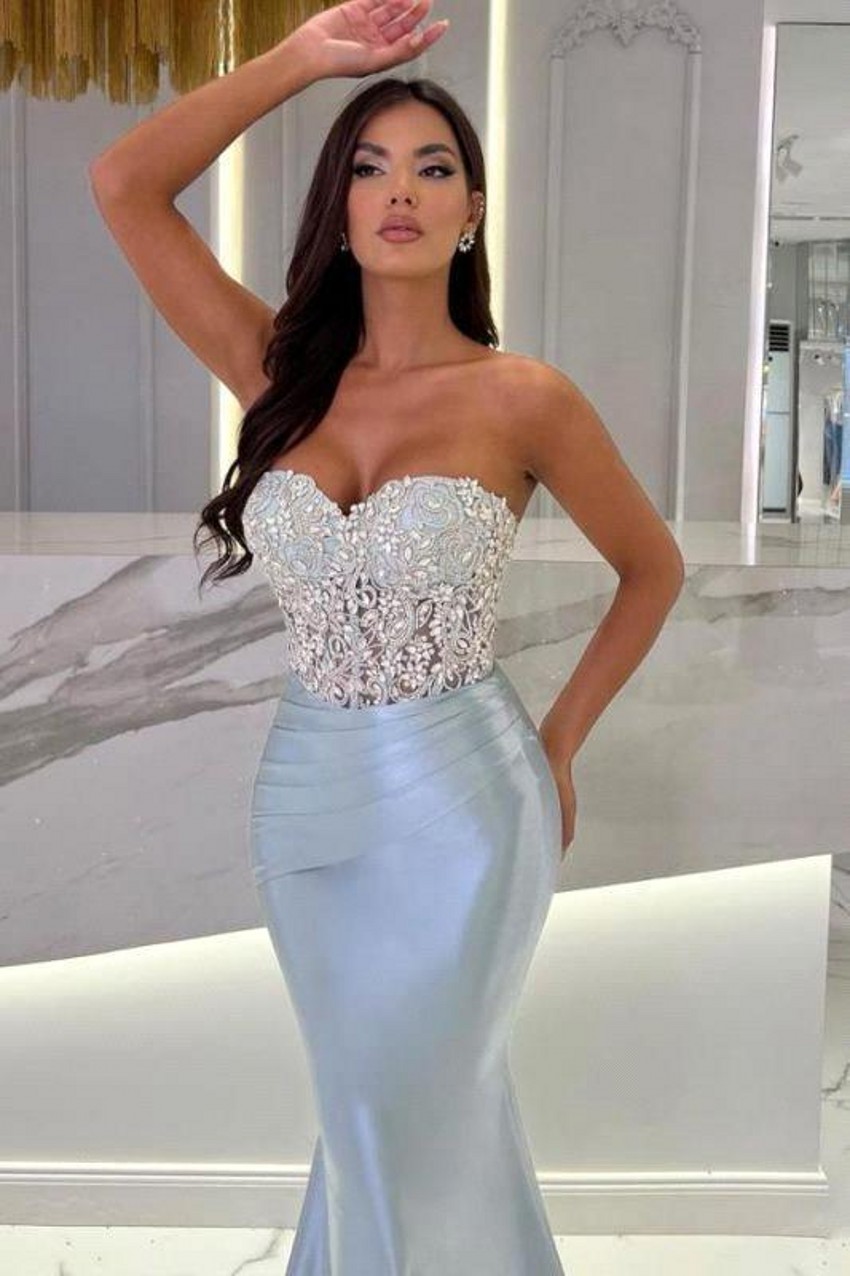 Gorgeous Light Sky Blue Black Mermaid Evening Dresses Sexy Sweetheart Appliques Beads Women Occasion Party Vestidos Prom Gowns Arabic BC18757