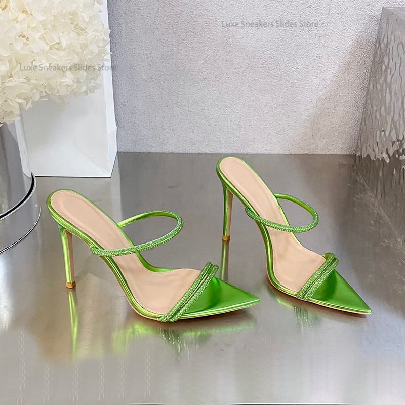 Rhinestones Mule suede Sandals Slides heeled stilletto heels open-toe women's luxury designers Leather outsole evening party shoes factory footwear