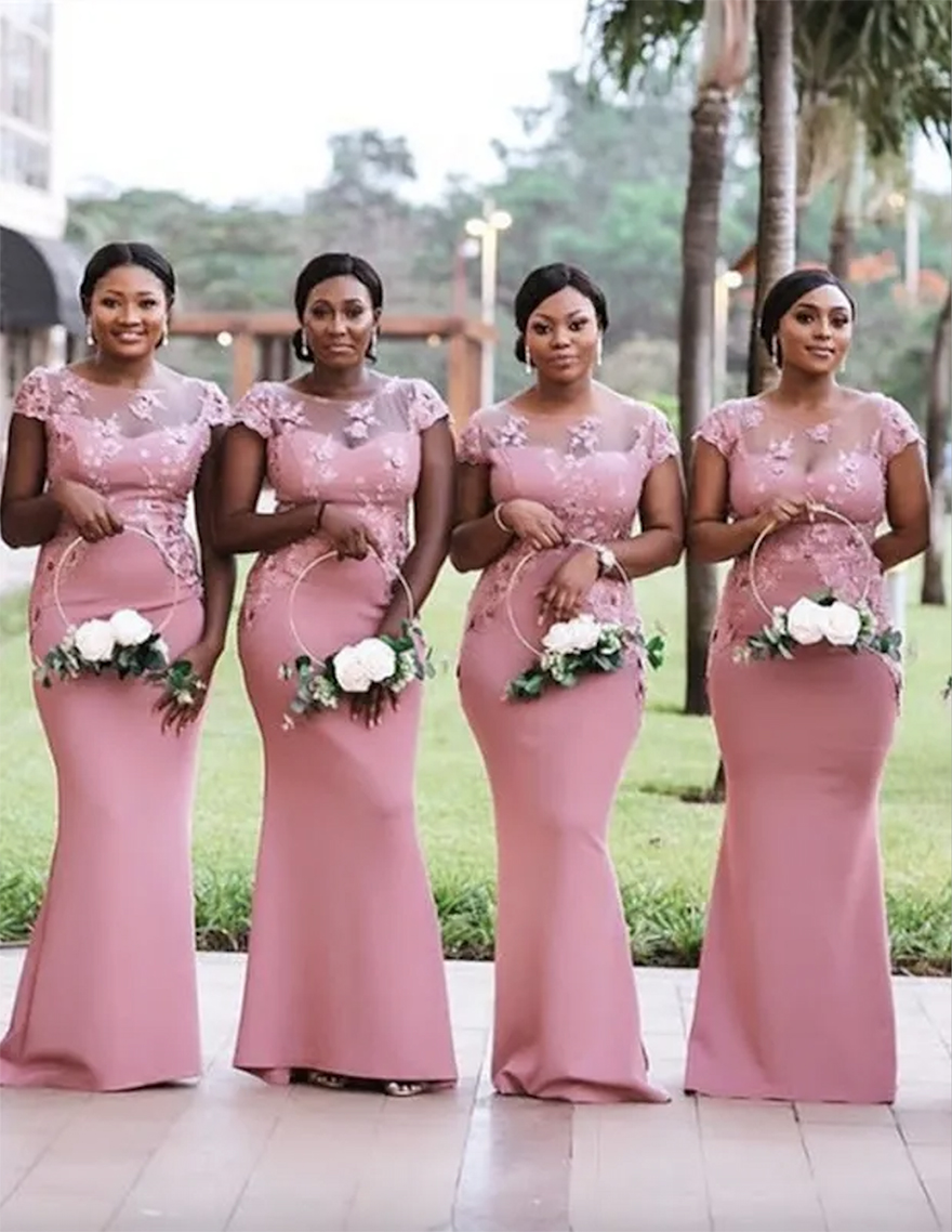 Arabic Aso Ebi Pink Long Mermaid Bridesmaid Dresses Floral Lace Elegant Maid Of Honor Gowns Floor Length Women Cap Sleeves Wedding Guest Formal Party 