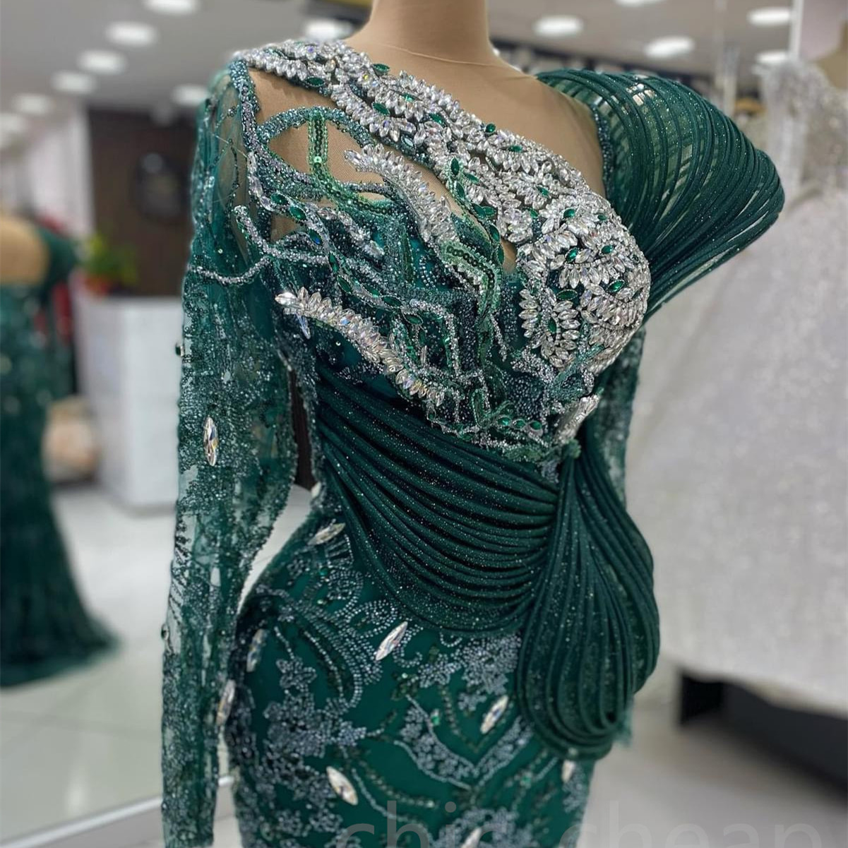 2024 Aso Ebi Dark Green Mermaid Prom Dress Crystals Beaded Lace Evening Formal Party Second Reception 50th Birthday Engagement Thanksgiving Gowns Dres