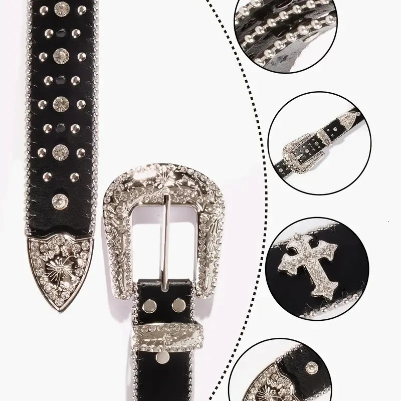 Black Cross Rivet Belt Engraved Buckle Rhinestone Decor PU Belt Hip Hop Jeans Pants Belt Punk Western Cowboy Cowgirl Belts 246 240522