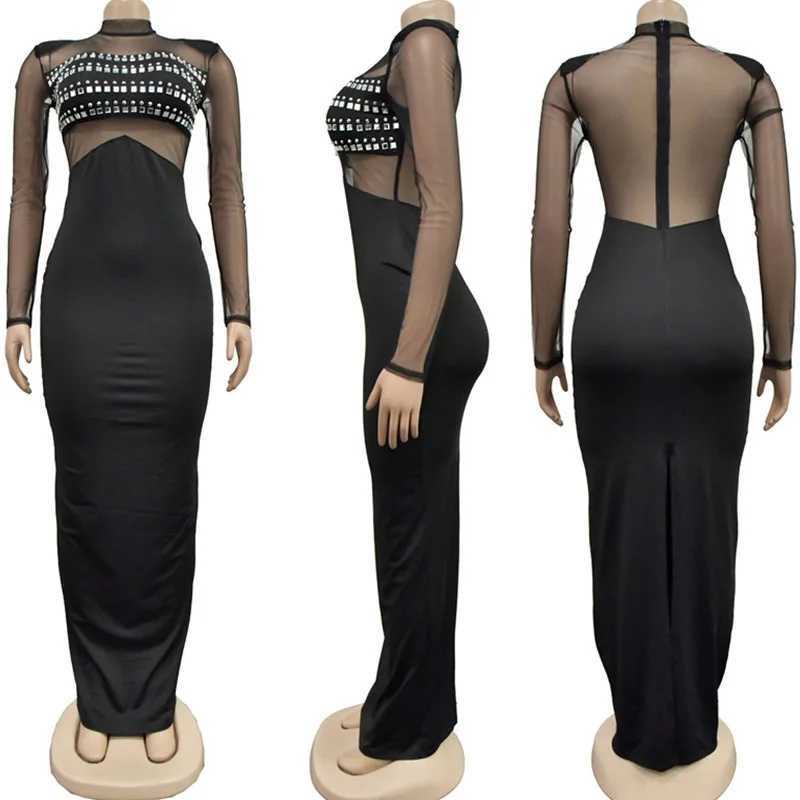 Basic Casual Dresses Sexy See Through Mesh Patchwork Party Evening Dress Elegant Night Club Birthday Diamond Water Diamond Formal Ball Dress J240523