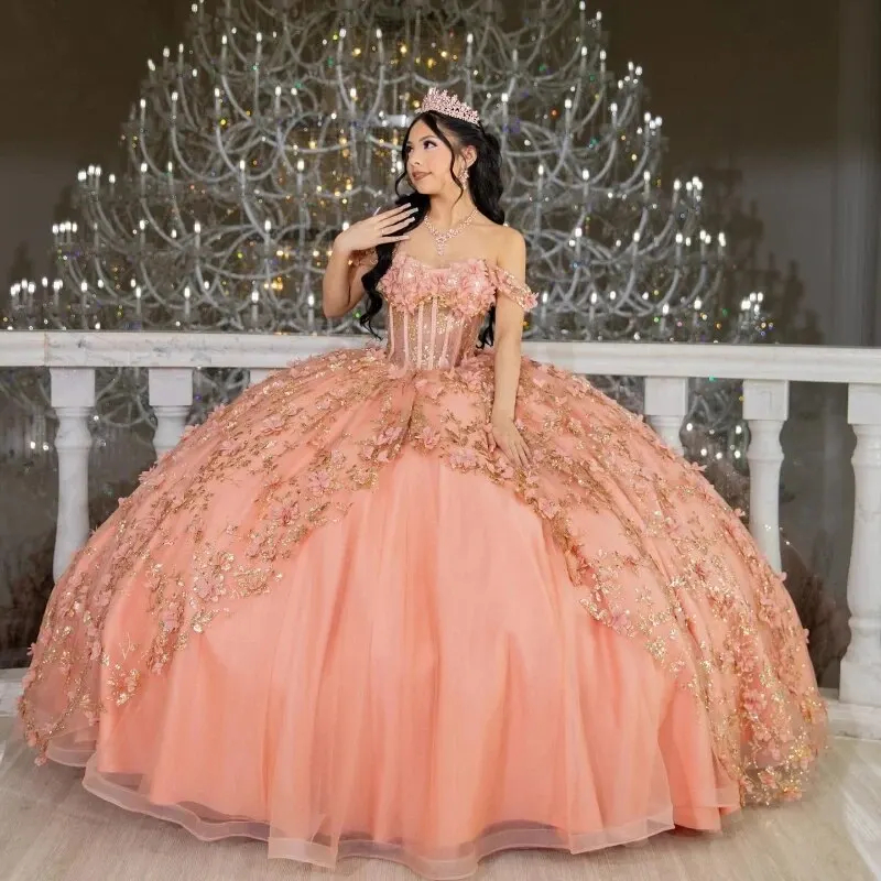 Glamours Quinceanera Dresses 3D Floral Appliques Off The Shoulder Corset Princess Prom Sweet 16 Dress Peach Flowers Long Train Debutantes Gowns
