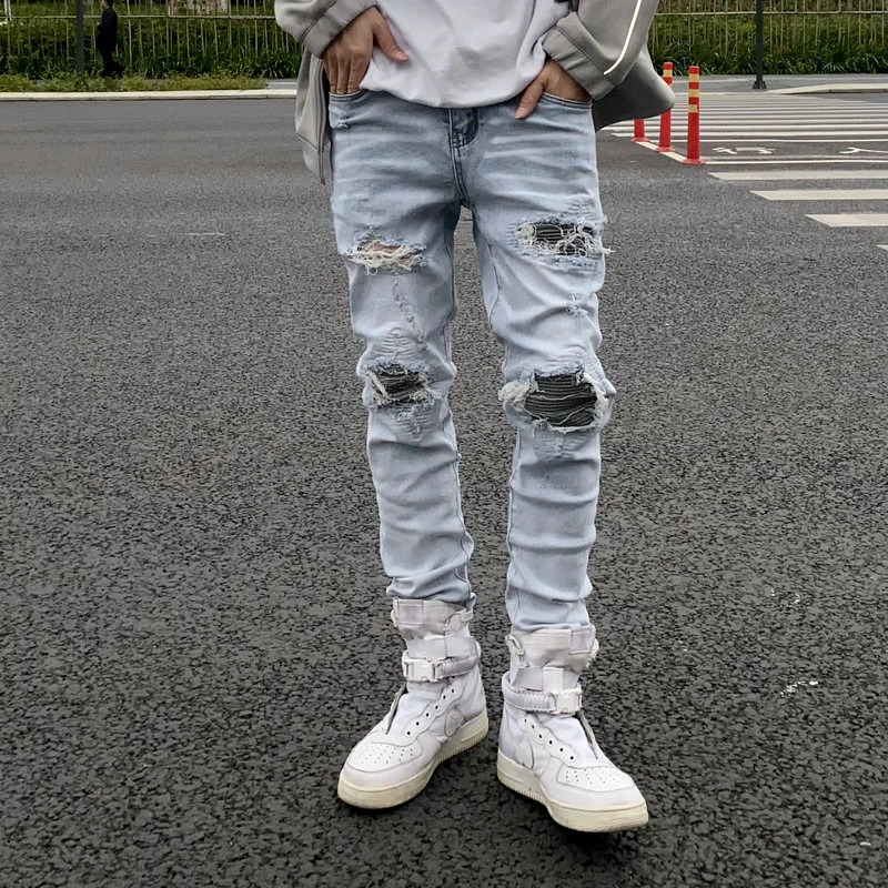 A699 Washed Hole Splicing Cat Whiskers Grinding White Collision Color Slim Blue Elastic Mens Stretch Jeans 240523