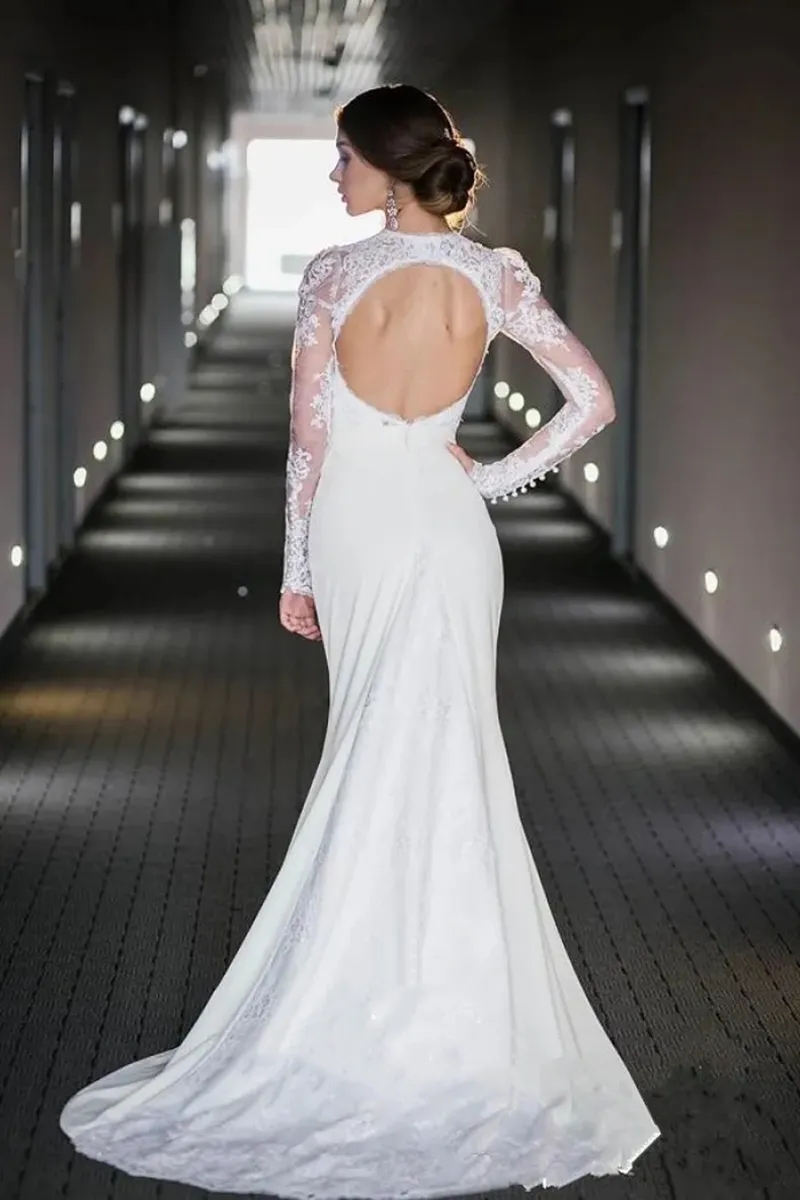 Mermaid Romantic Long Sleeves Wedding Dress Sexy Backless Ivory Satin and Lace Bridal Gowns Appliues Court Train Beach Bride Dresses Open Back