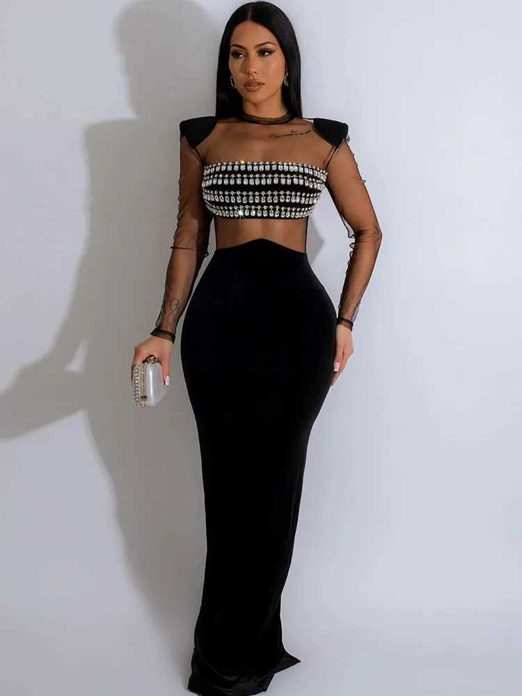 Basic Casual Dresses Sexy See Through Mesh Patchwork Party Evening Dress Elegant Night Club Birthday Diamond Water Diamond Formal Ball Dress J240523