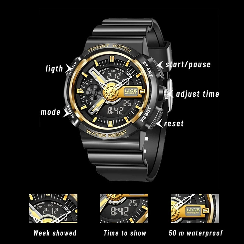 LIGE Military Kids Sport Watches 50M Waterproof Electronic Wristwatch Stop Watch Clock Children Digital Watch For Boys GirlsBox 240517