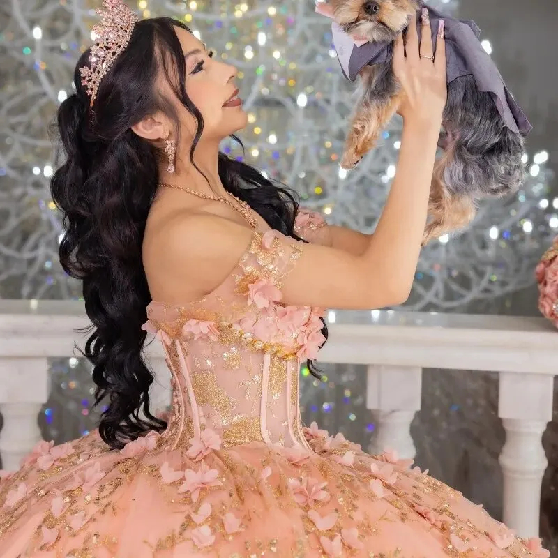 Glamours Quinceanera Dresses 3D Floral Appliques Off The Shoulder Corset Princess Prom Sweet 16 Dress Peach Flowers Long Train Debutantes Gowns