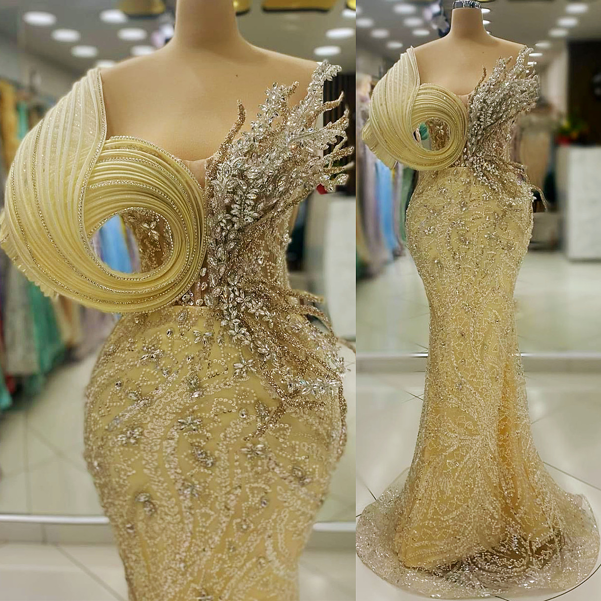 Beaded Crystals 2024 Champagne Mermaid Prom Stylish Evening Formal Party Dress 0220
