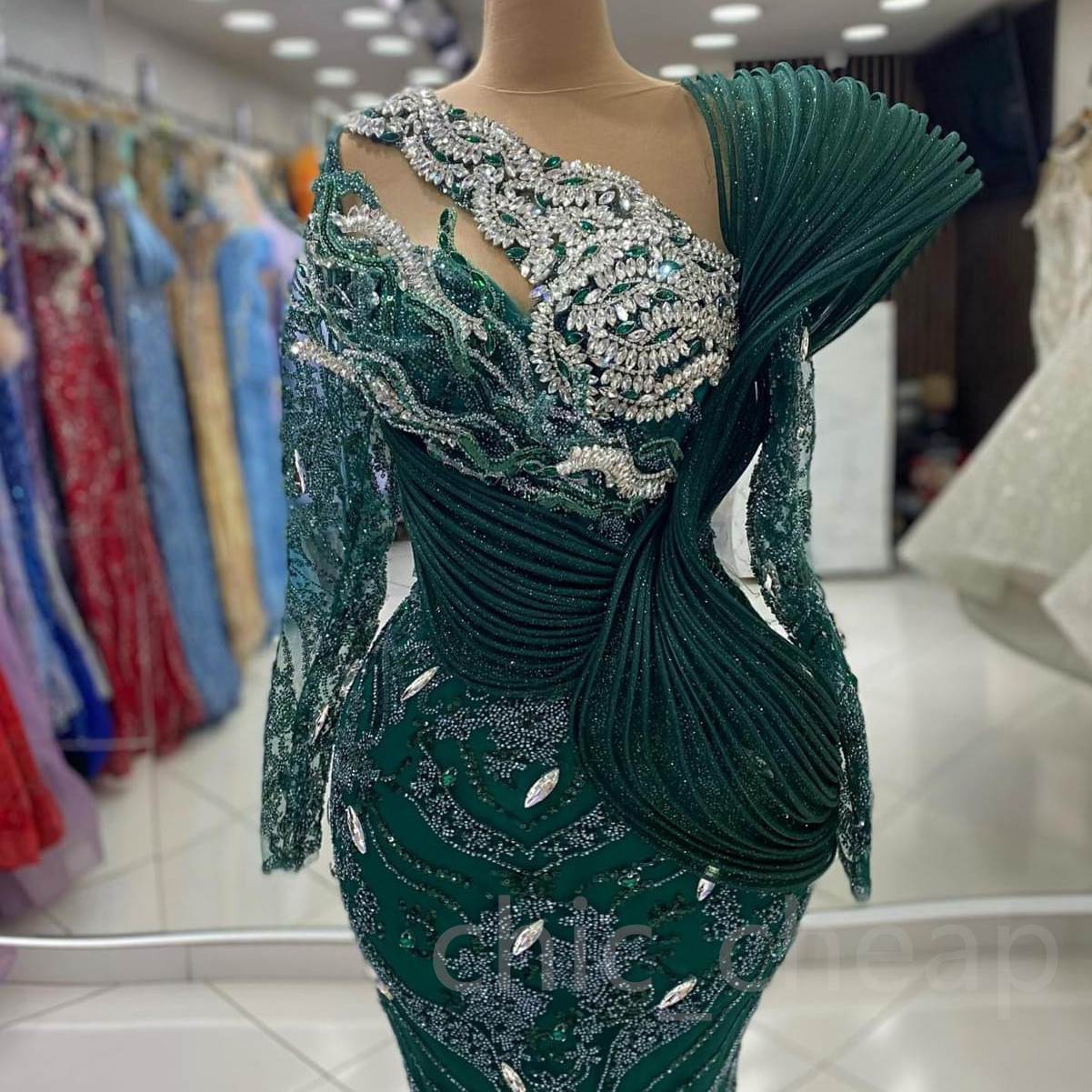 2024 Aso Ebi Dark Green Mermaid Prom Dress Crystals Beaded Lace Evening Formal Party Second Reception 50th Birthday Engagement Thanksgiving Gowns Dres