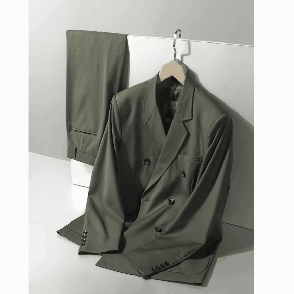 Chic Men Suits Solid Color 2 Piece Set Fashion Notch Lapel Double Breasted Loose Male Suit Business Wedding Casual Blazer Pants 240518