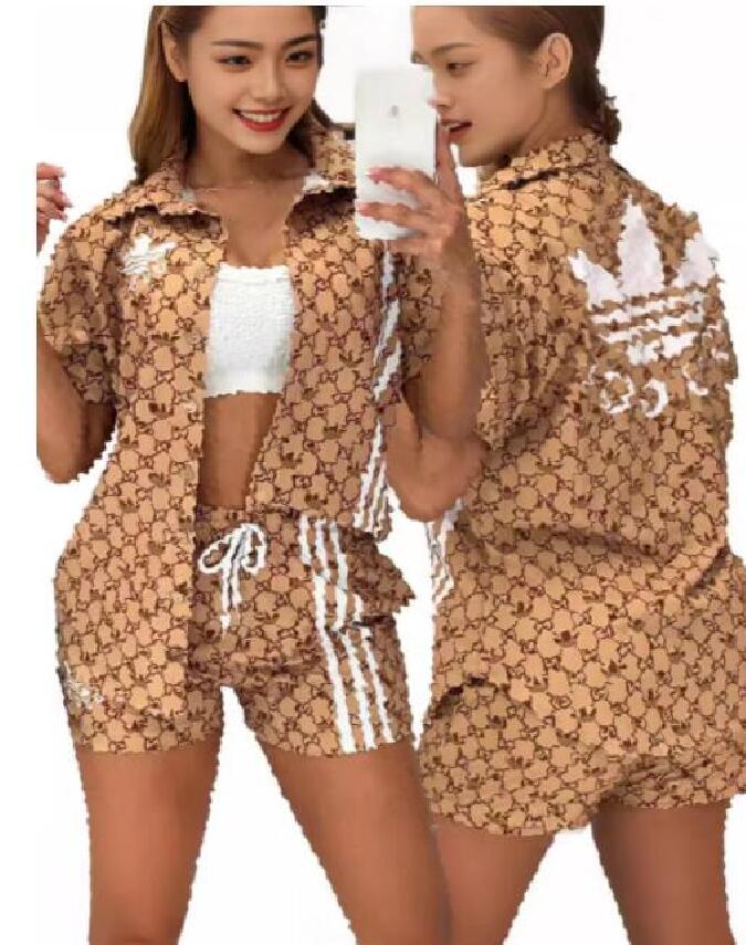 Luxury Womens woven fabric Tracksuits Co-branding sports suit designer fashion printed shirt+Jogger shorts two-piece set