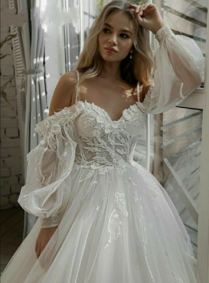 Princess Wedding Dresses 2024 Women Off the Shoulder Puffy Sleeves Flower Lace Appliques Boho Bridal Bride Gowns Vestido De Novia Customed
