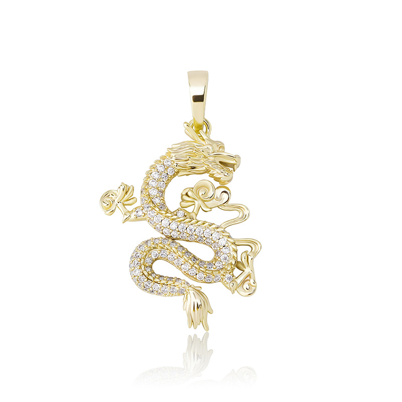 Hip Hop Chinese Dragon Pendant Necklace 14K Real Gold Plated TopBling White Zircon Men Women Jewelry