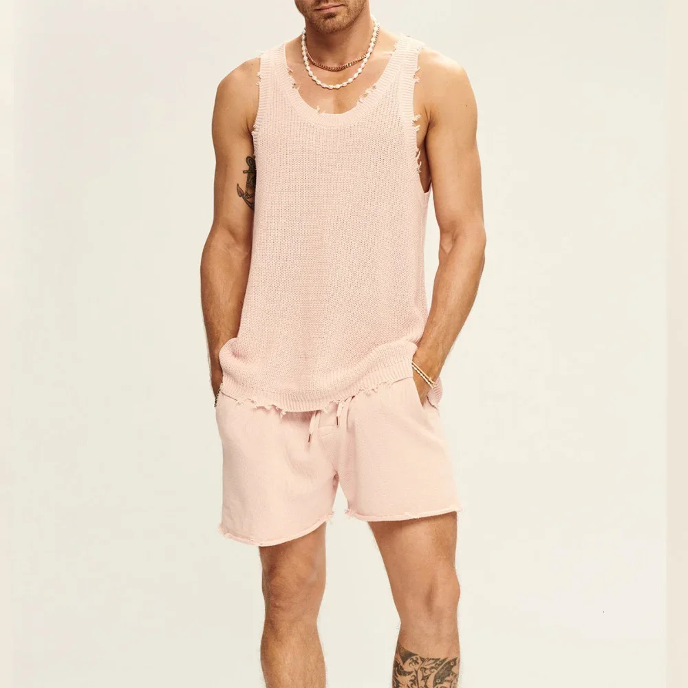 Mens Suit Twopiece Sets Knitted Sleeveless Tank Top Shorts Casual Sports Fashion Streetwear Tracksuit 240518