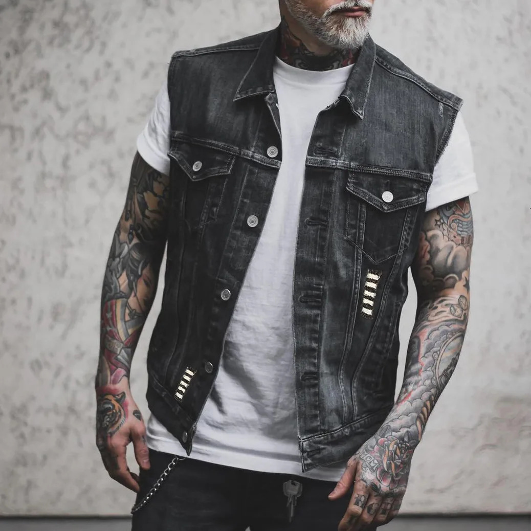 Mens Motorcycle Biker Vest Strawhat Skull Print Distressed Hole Punk Sleevless Denim Jacket Black Streetwear Waistcoat 240509