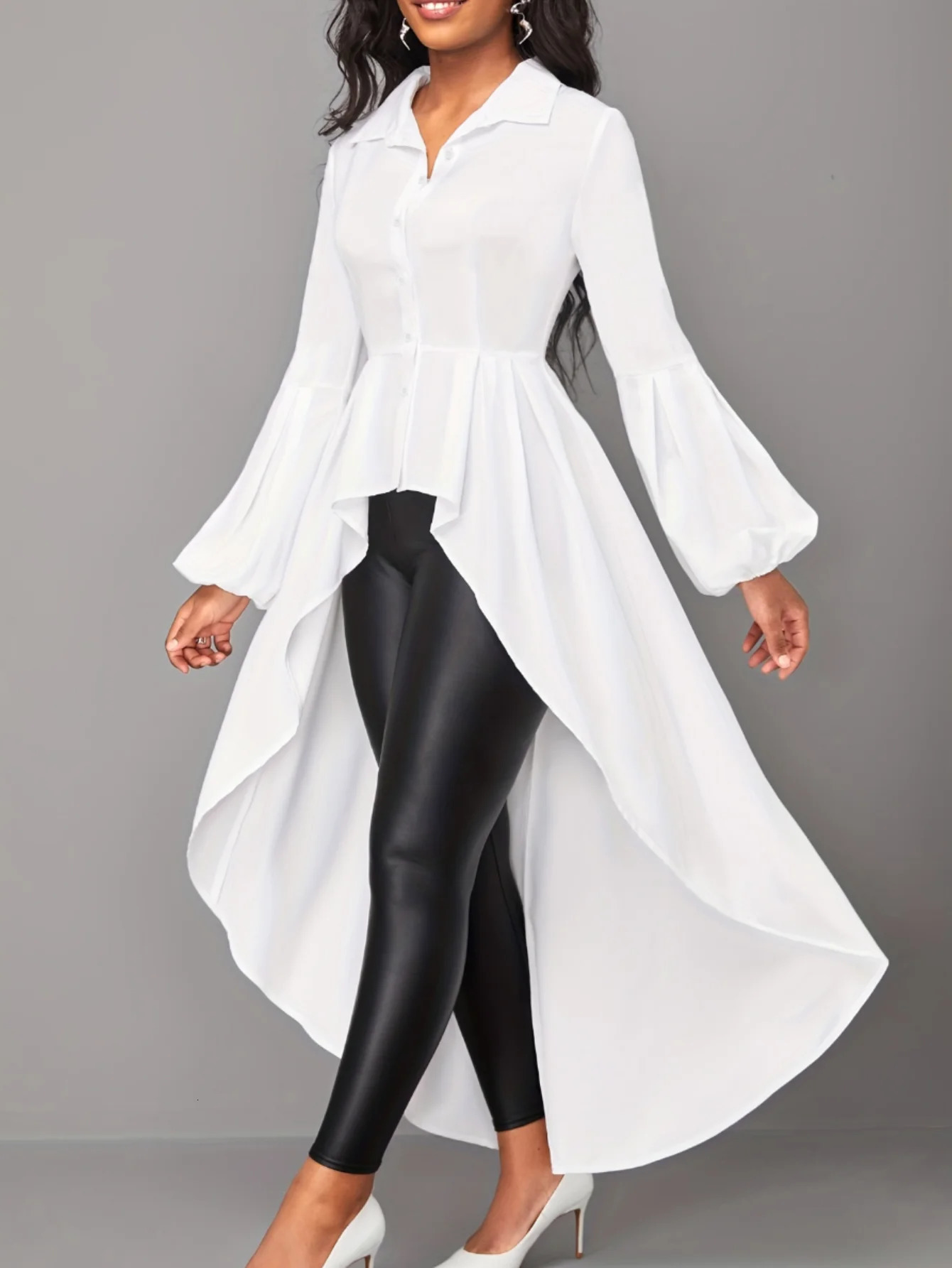 LW Plus Size Asymmetrical A Line Blouse Fashion Shirts Hem Blouses Casual Long Puff Sleeve Female Lapale Neck Button Top 240508